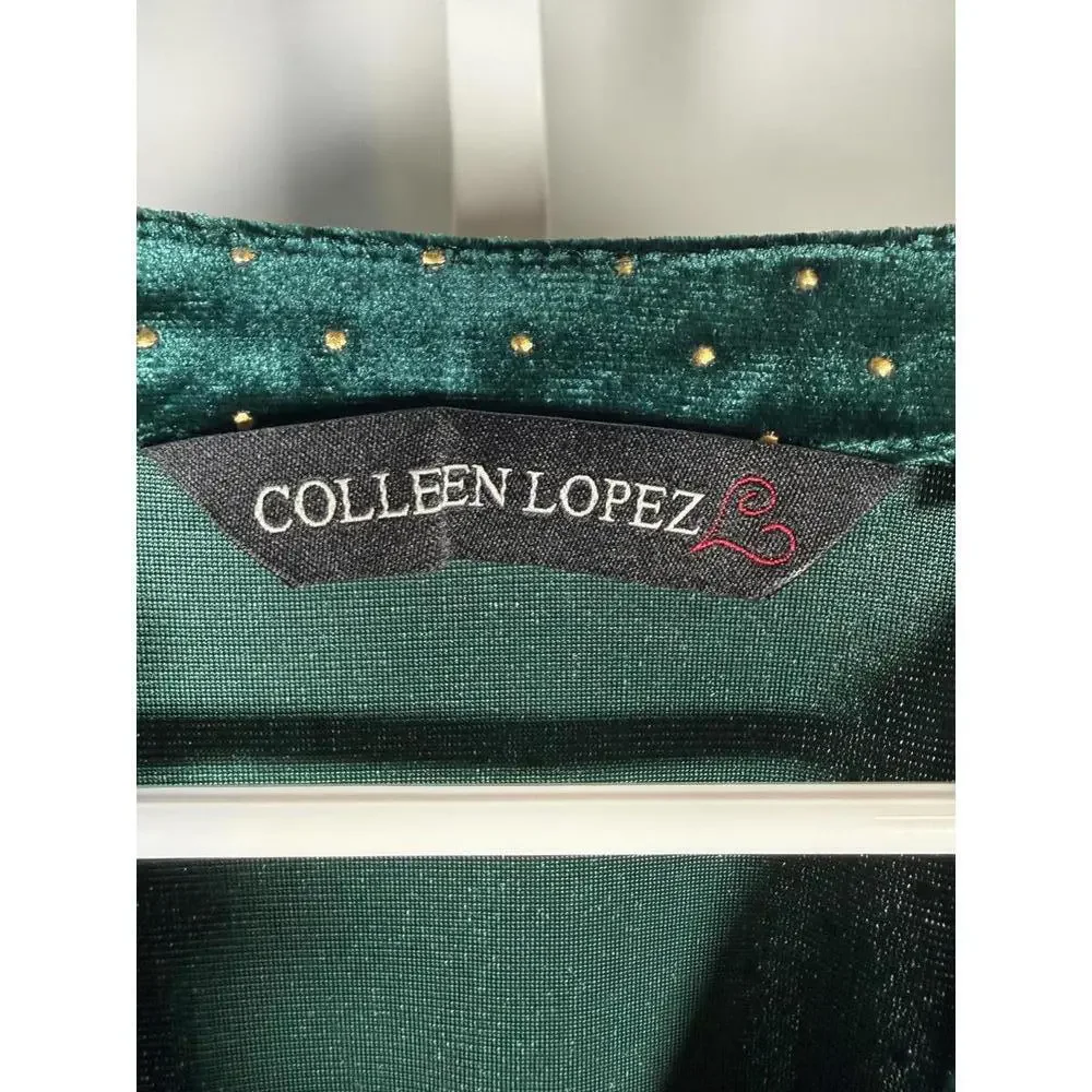 Colleen Lopez Green Velvet Studded Belted Peplum Blouse Size Medium - Picture 5 of 6